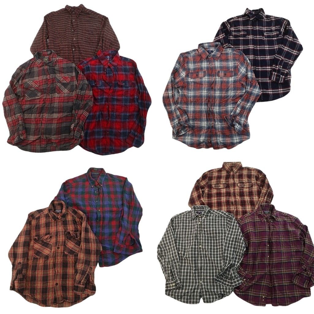 古着卸 まとめ売り フランネル ネルシャツ 長袖シャツ 10枚セット ( メンズ Ｍ/Ｌ ) ダブルフラップ ボタンダウン チェック柄 中古 NF6644 12,000円