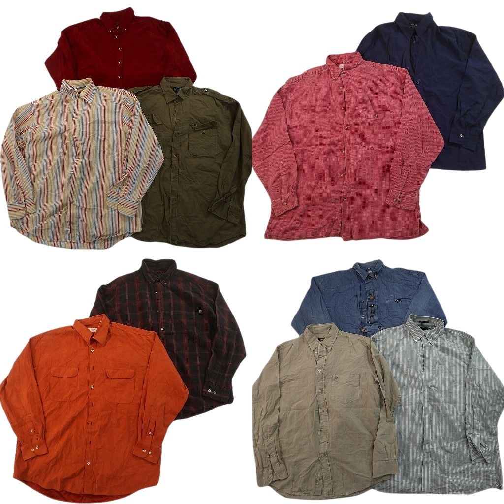 古着卸 まとめ売り 長袖シャツ 10枚セット ( メンズ XL ) ダブルポケット ストライプ チェック柄 ボタンダウン 中古 古着 NF6650