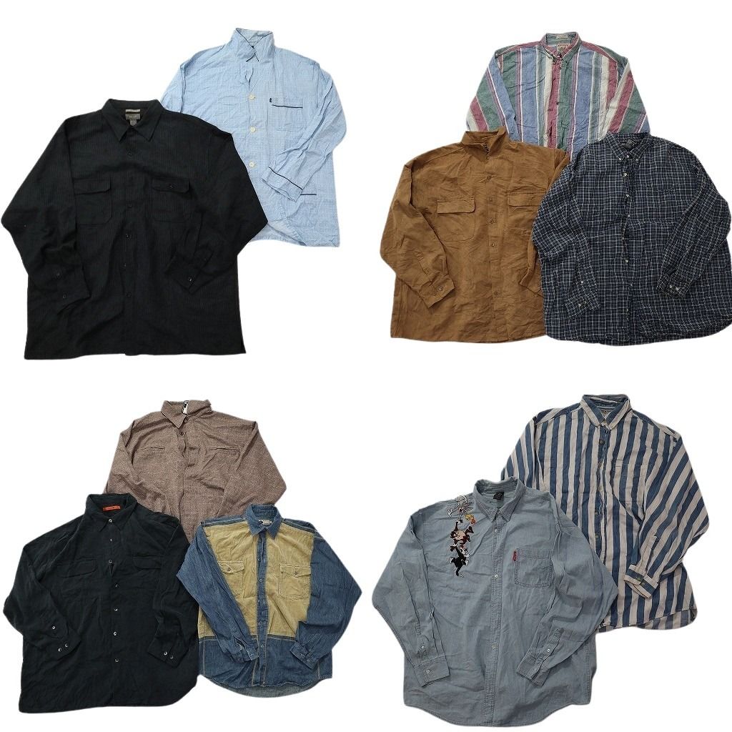 古着卸 まとめ売り 長袖シャツ 10枚セット ( メンズ 2XL/3XL ) パジャマシャツ ダブルフラップ ボタンダウン ストライプ 中古 古着 NF6667