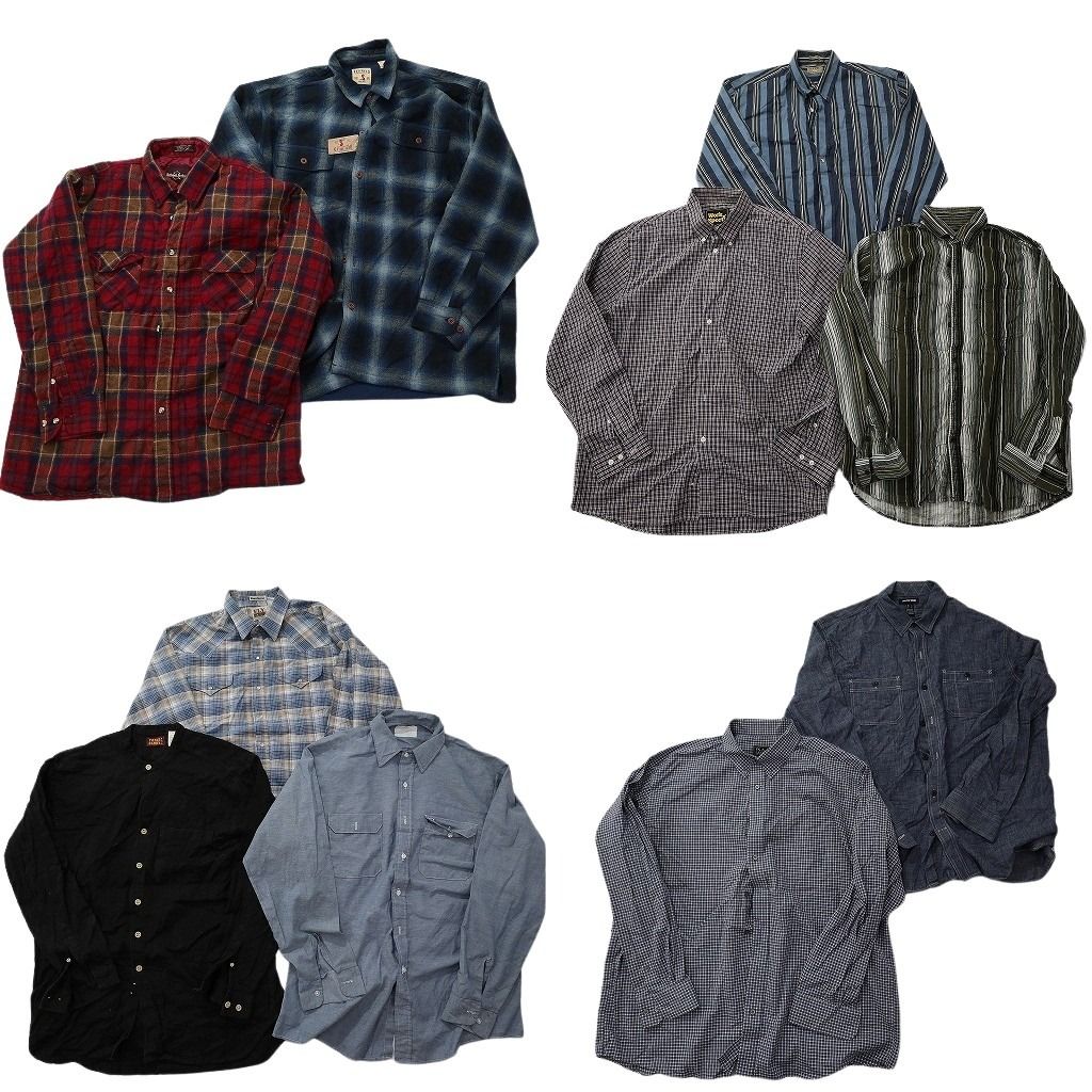 古着卸 まとめ売り 長袖シャツ 10枚セット ( メンズ XL ) デッドストック ダブルフラップ ボックスカット ギンガムチェック 中古 NF6669