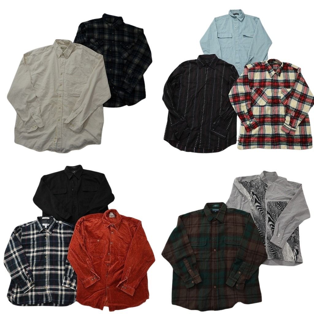 古着卸 まとめ売り 長袖シャツ 10枚セット ( メンズ XL ) ダブルフラップ バンドカラー ボックスカット マルチカラー 中古 古着 NF6670
