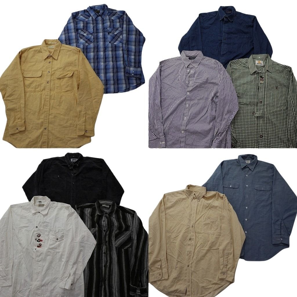 古着卸 まとめ売り 長袖シャツ 10枚セット ( メンズ XL ) ダブルフラップ ボタンダウン ストライプ ギンガムチェック 中古 古着 NF6671