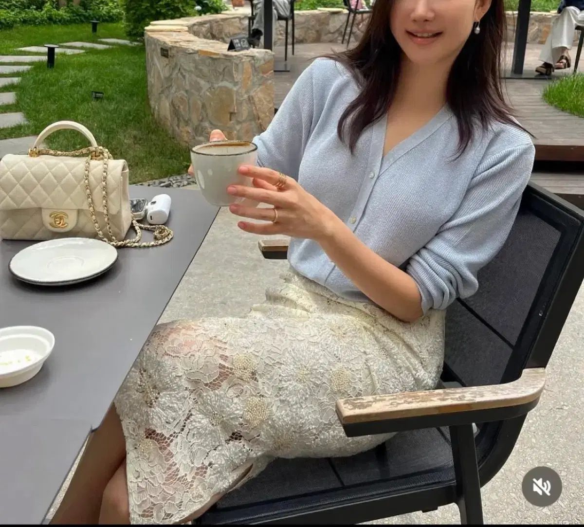 ルミュ パール Vネック スカイブルー 夏 カーディガン