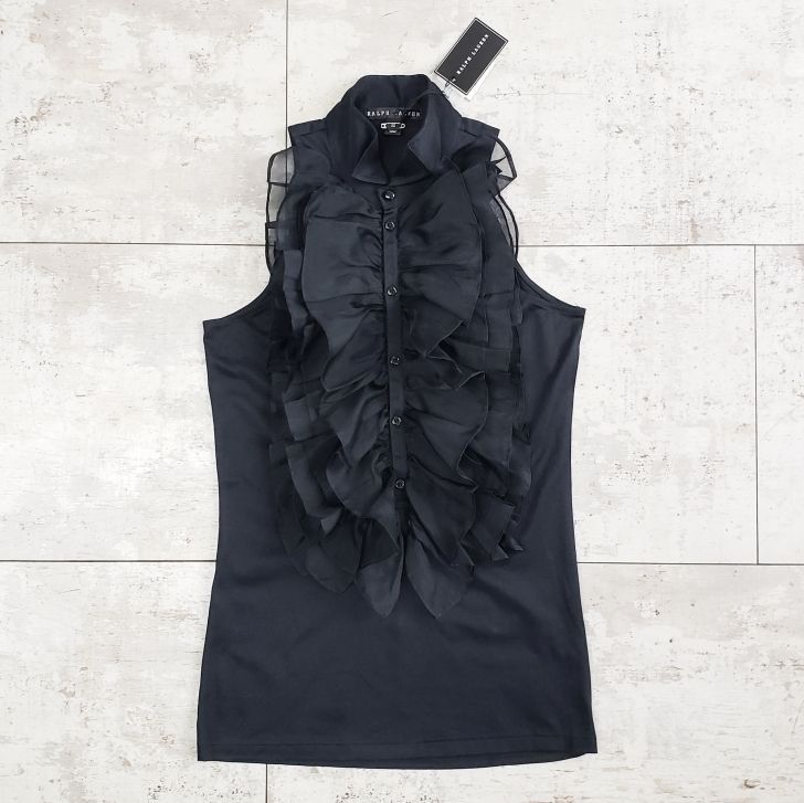 未使用 ラルフローレン ☆ シルクラッフルフリル コットン ノースリーブ カットソー XS ブラック 黒 RALPH LAUREN