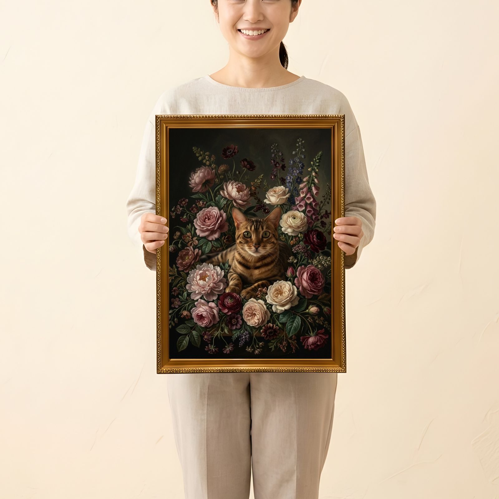 猫（ベンガル）の花に囲まれた油絵風アート A3額装インテリア壁掛け