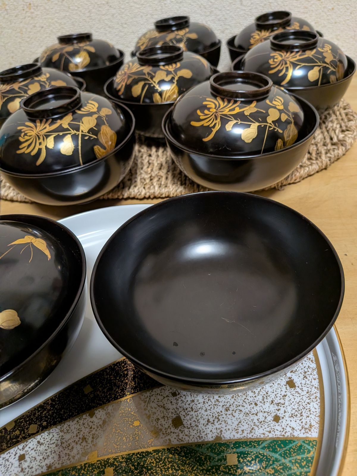 最高級】10客 時代物 金蒔絵 菊花文 吸物椀 蓋付 木製漆器 天然木 本漆