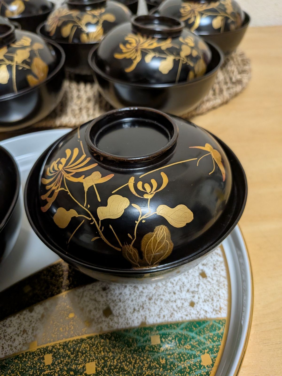 最高級】10客 時代物 金蒔絵 菊花文 吸物椀 蓋付 木製漆器 天然木 本漆