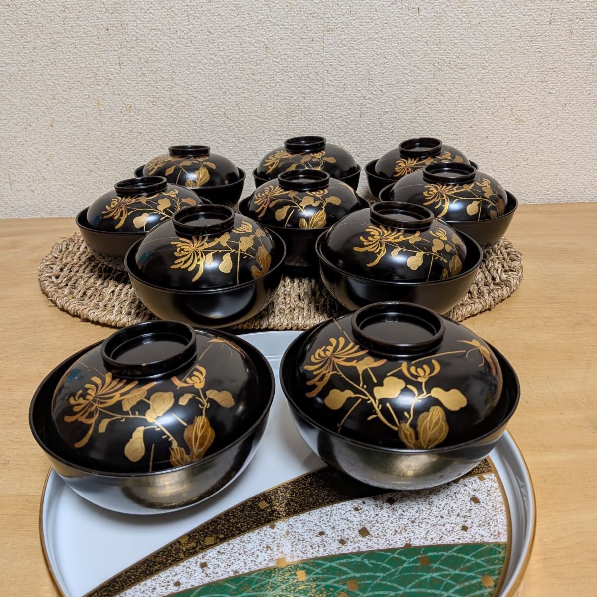 木製漆器　網手文蓋付吸物椀　20客　大正～昭和初期 最高級】10客 時代物 金蒔絵 菊花文 吸物椀 蓋付 木製漆器 天然木 本漆