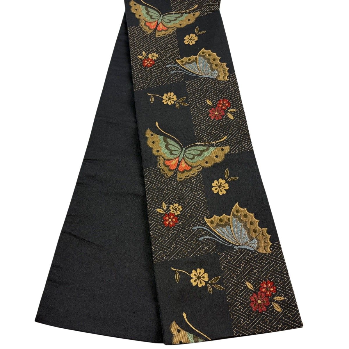 【美品】半幅帯 優品 蝶 桜 墨色 化繊 【中古】