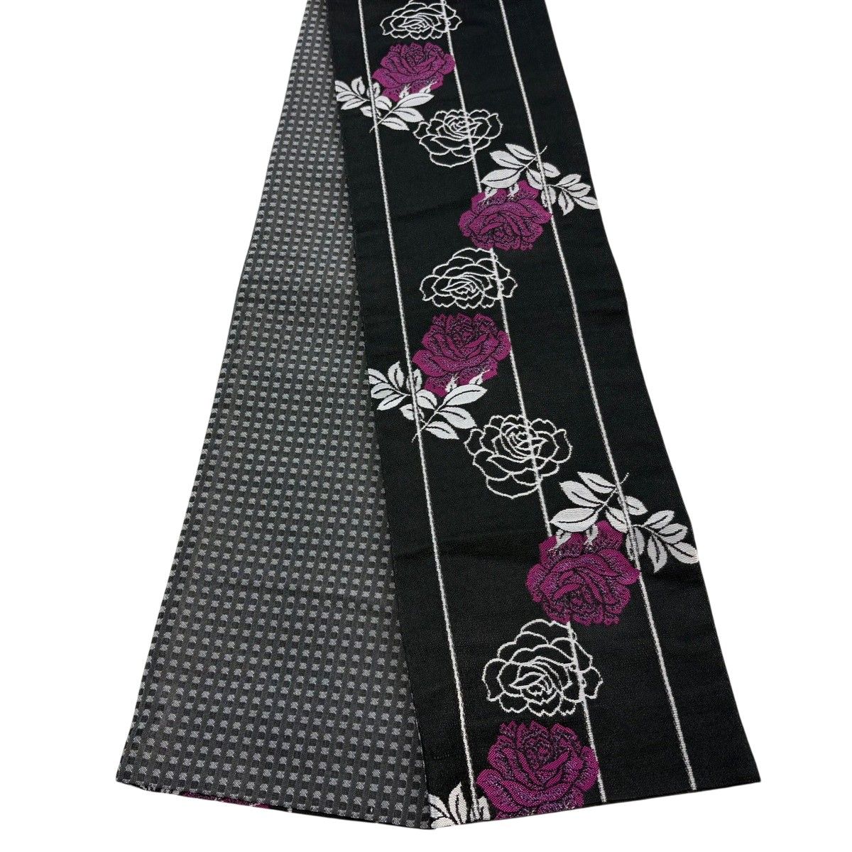 【美品】半幅帯 優品 草花 黒 化繊 【中古】