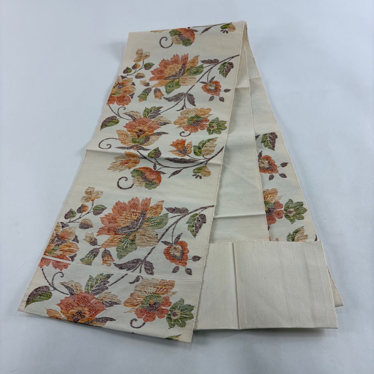 美品】 名古屋帯 優品 八寸名古屋帯 松葉仕立て 紬地 花唐草 クリーム