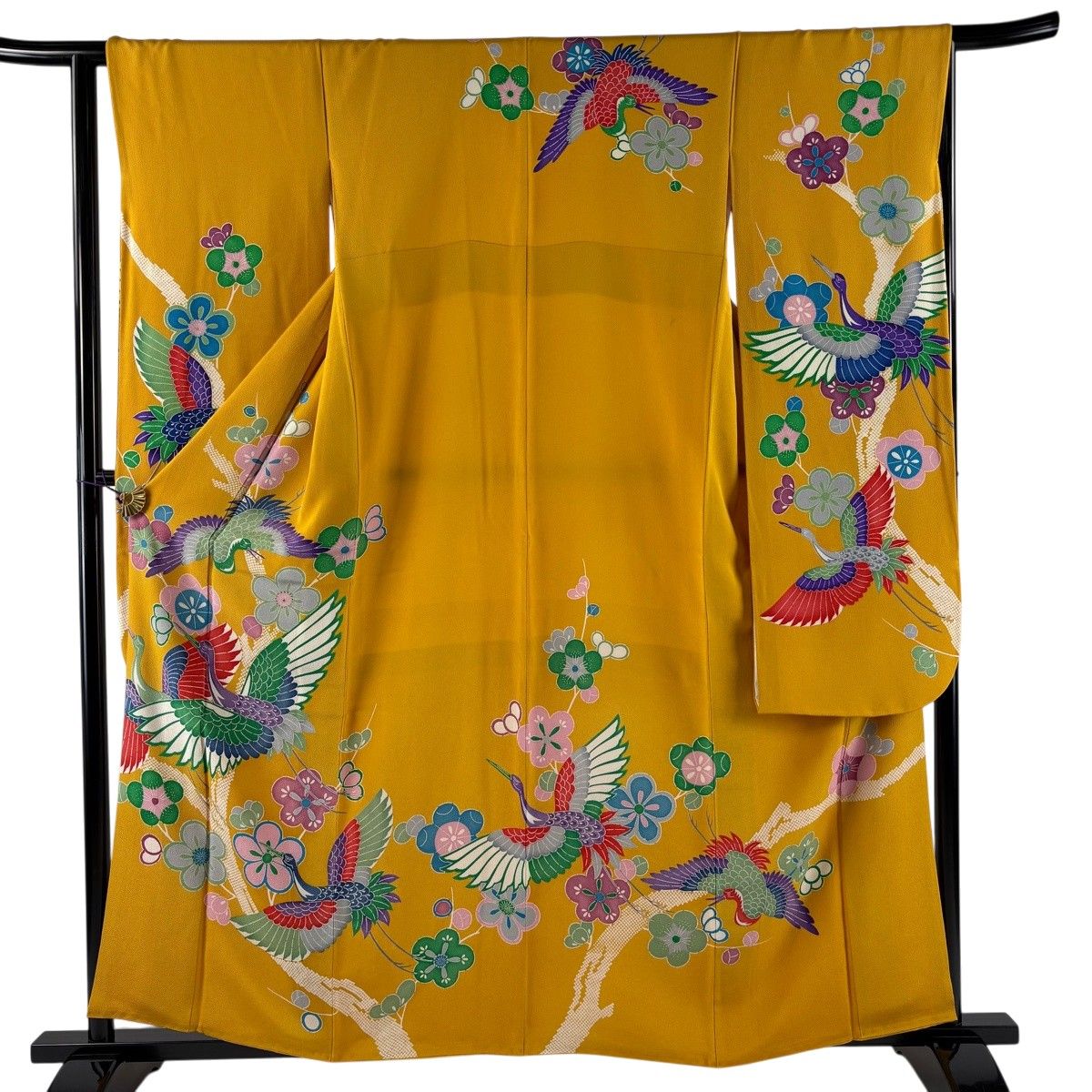 【美品】 振袖 身丈158cm 裄丈64.5cm M 袷 鶴 梅 縮緬 山吹色 正絹 秀品 【中古】