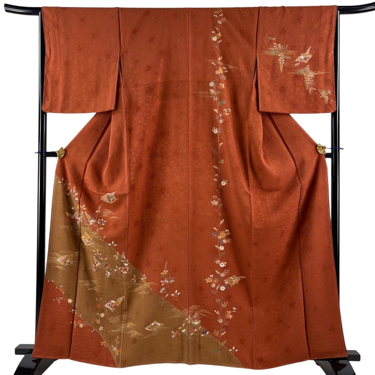 【美品】 訪問着 身丈162cm 裄丈66.5cm M 袷 冊子 橘花 金糸 金彩 茶色 正絹 秀品 【中古】 8,850円