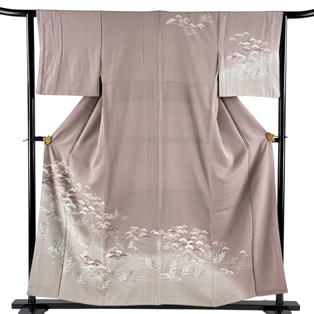 訪問着 身丈155cm 裄丈63cm S 袷 松 流水 金彩 ぼかし 灰紫 正絹 秀品 【中古】
