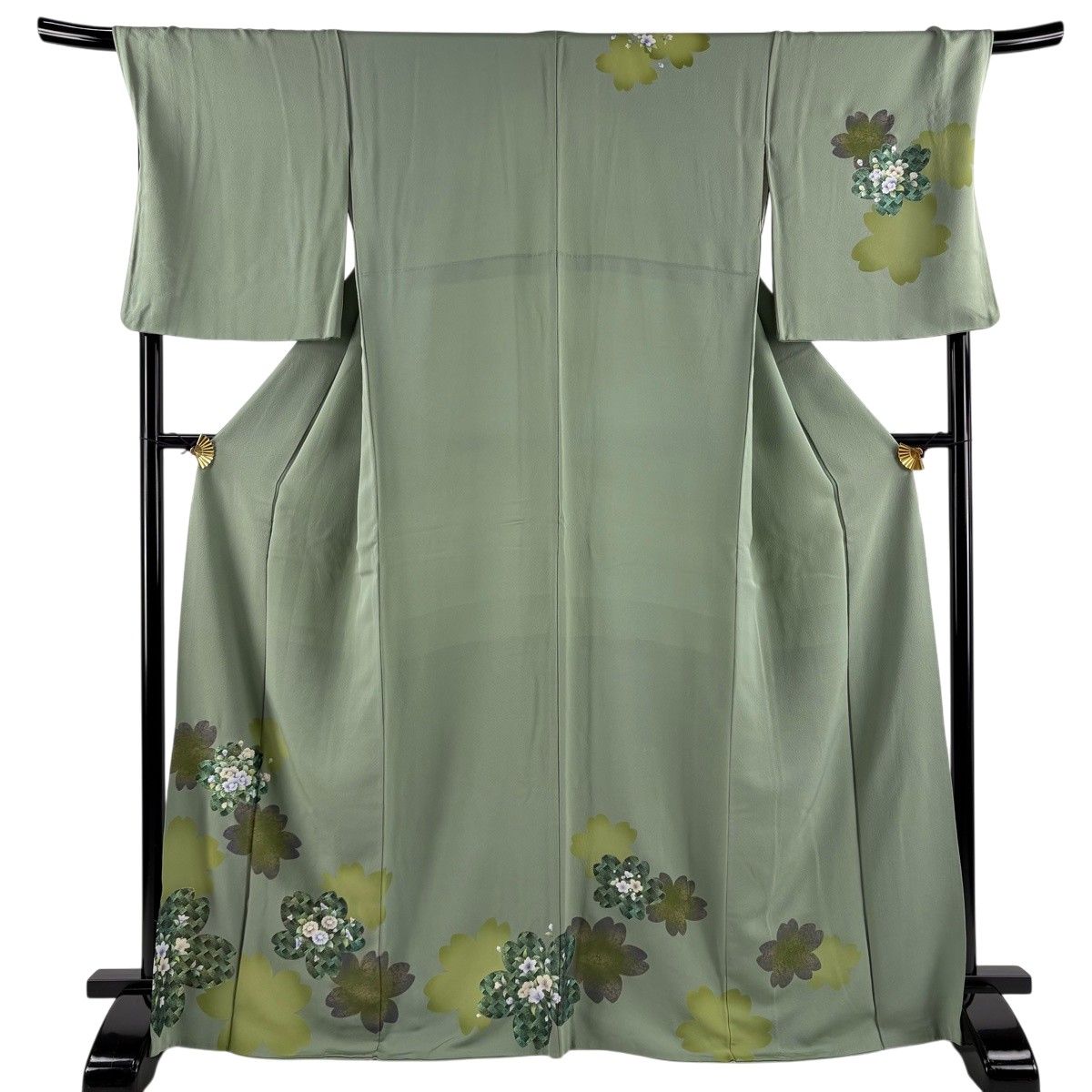 訪問着 身丈168cm 裄丈71.5cm L 袷 桜 草花 金彩 灰緑 正絹 秀品
