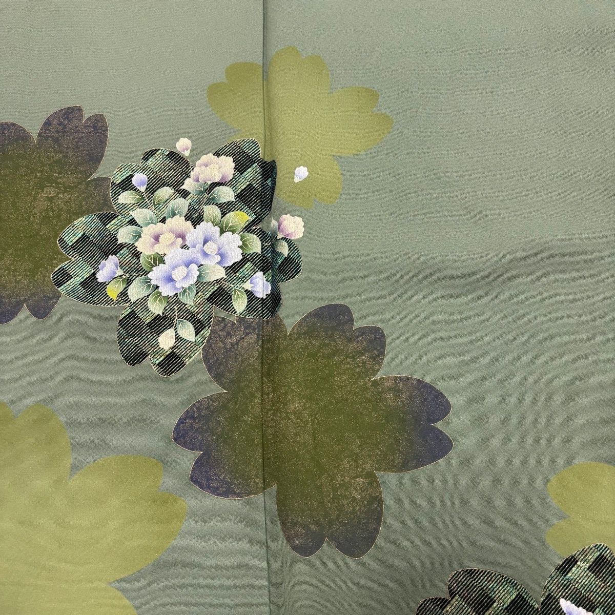 訪問着 身丈168cm 裄丈71.5cm L 袷 桜 草花 金彩 灰緑 正絹 秀品