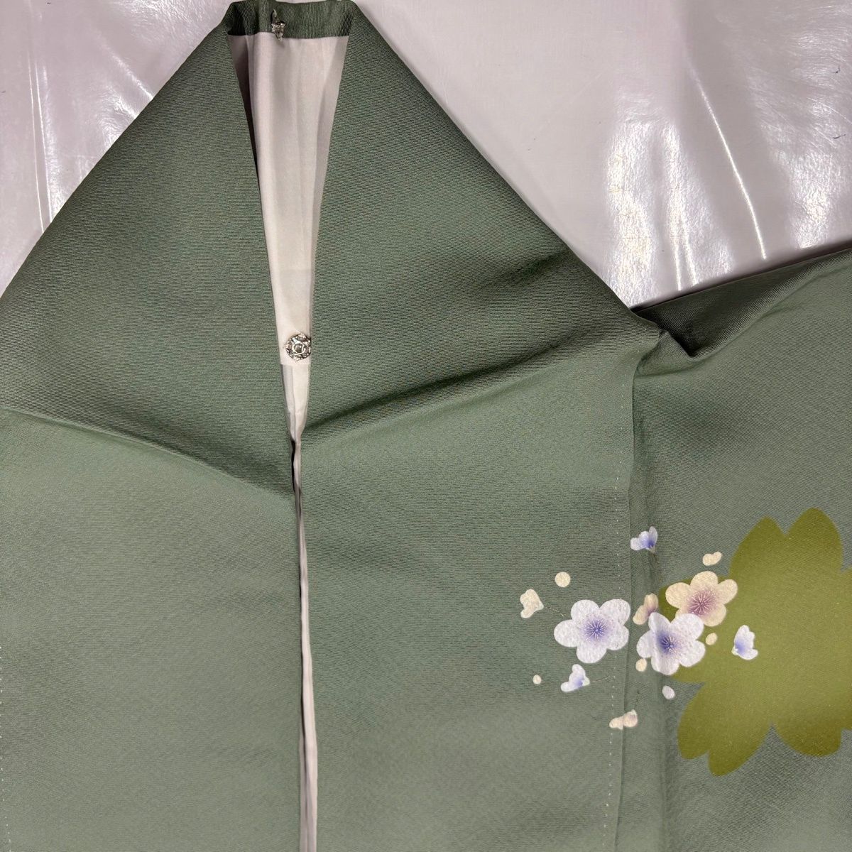 訪問着 身丈168cm 裄丈71.5cm L 袷 桜 草花 金彩 灰緑 正絹 秀品