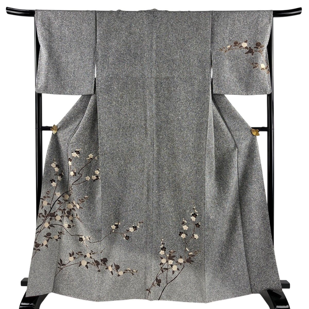 【美品】 訪問着 身丈165.5cm 裄丈66.5cm M 袷 枝花 枝梅 金彩 ぼかし 黒灰 正絹 秀品 【中古】 8,378円