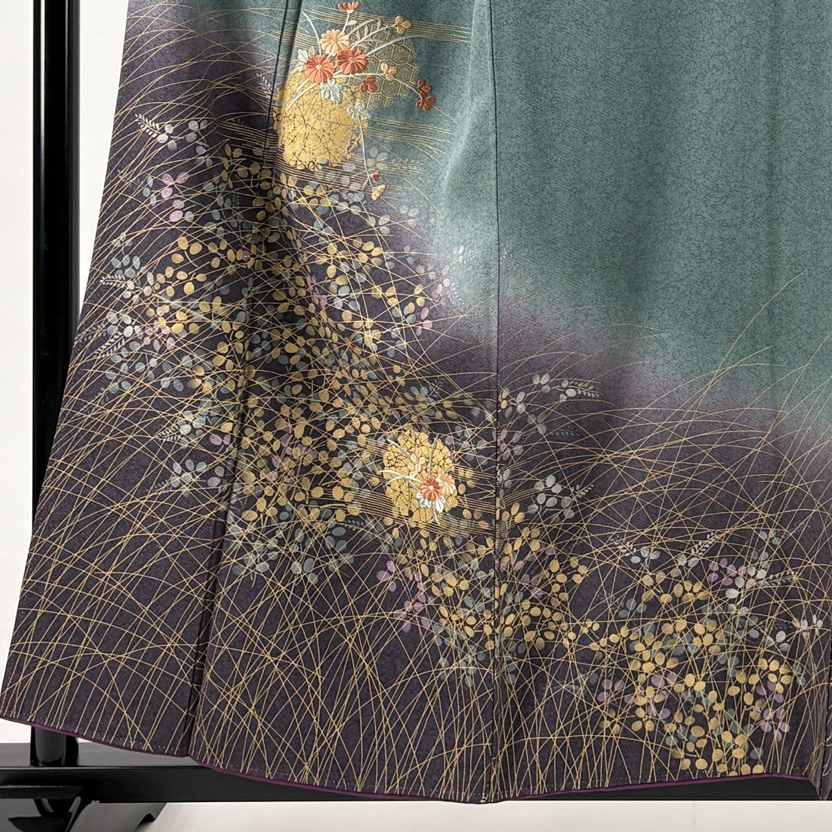 付下げ 身丈157cm 裄丈65cm M 袷 菊 萩 金糸 刺繍 灰緑 正絹 秀品