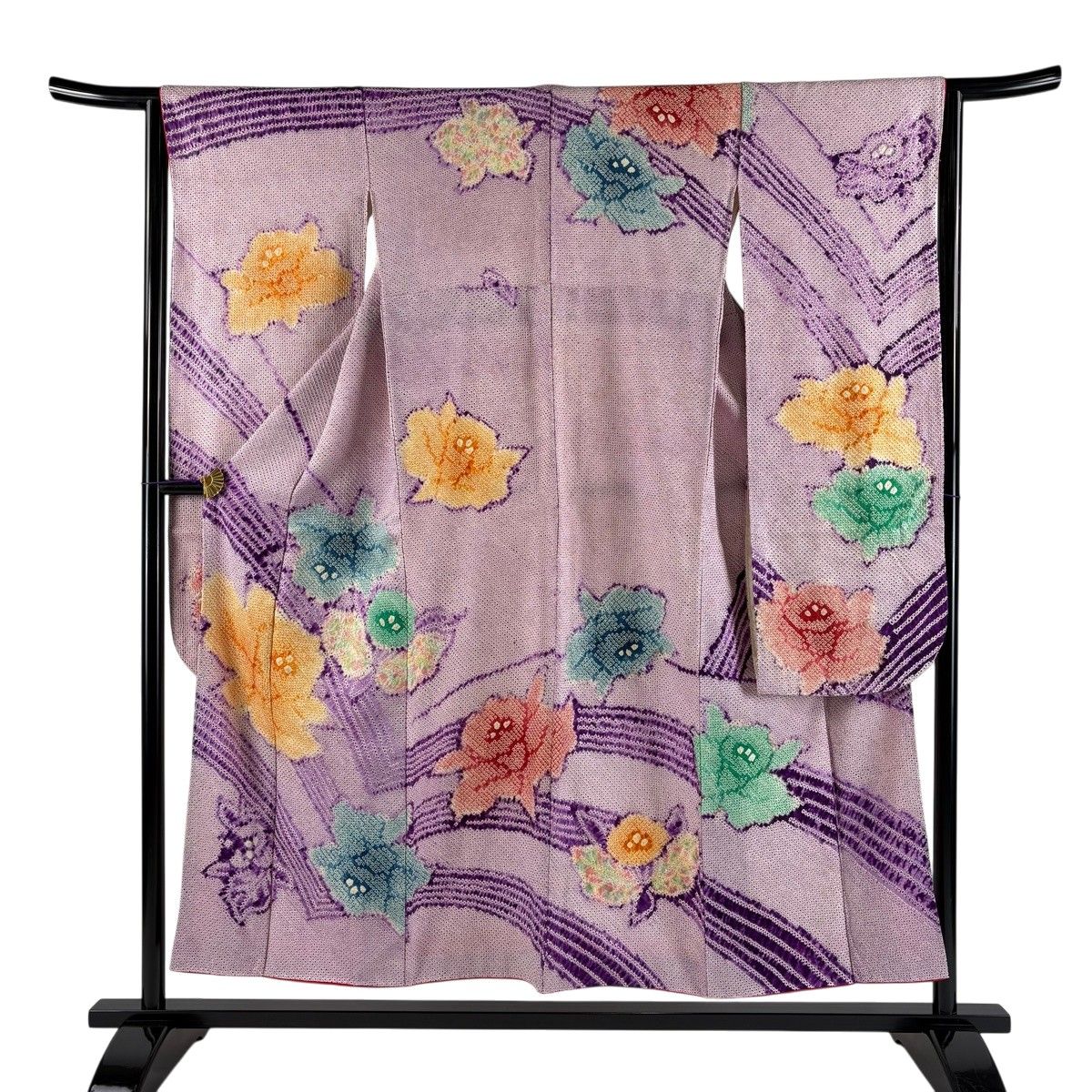 振袖 身丈153cm 裄丈64cm M 袷 草花 総絞り 薄紫 正絹 秀品 【中古】