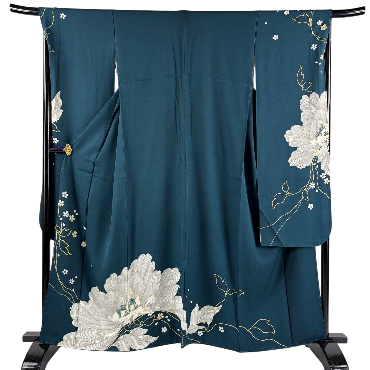 振袖 身丈161cm 裄丈67cm M 袷 牡丹 桜 金糸 金彩 深緑 正絹 秀品 【中古】