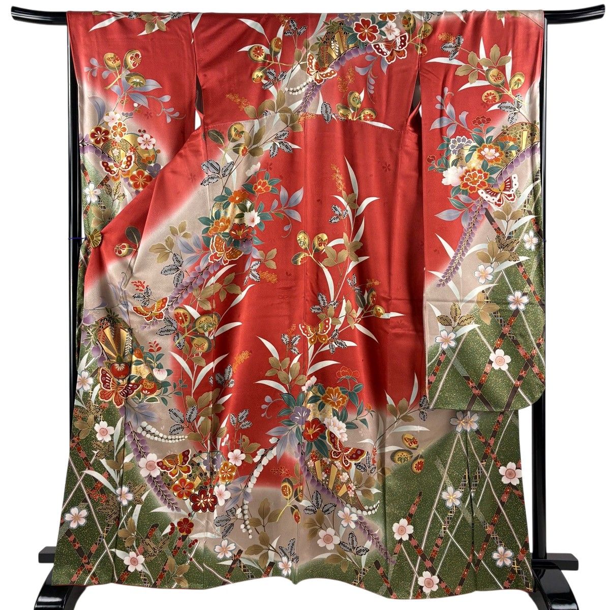 振袖 身丈165.5cm 裄丈68.5cm L 袷 落款 蝶 橘花 金糸 金銀彩 茜色 正絹 秀品 【中古】