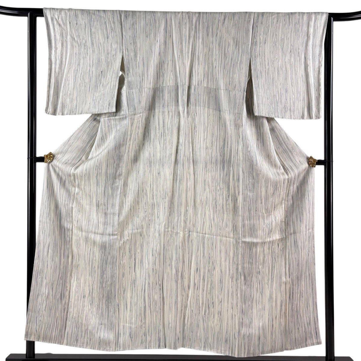 【美品】 小紋 身丈153.5cm 裄丈63cm S 袷 木目 銀通し 灰白 正絹 秀品 【中古】