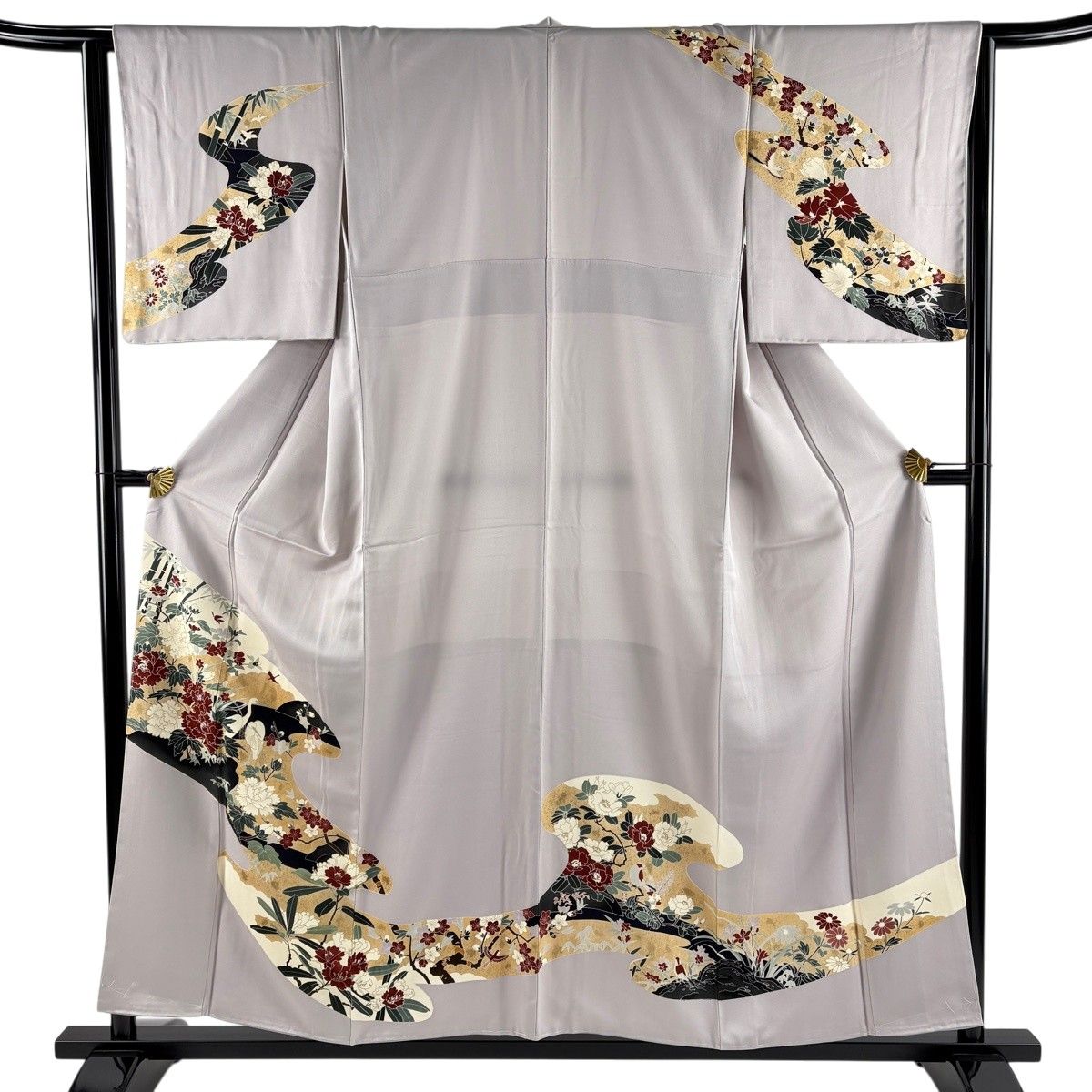 訪問着 身丈156cm 裄丈64cm M 袷 鳥 牡丹 金彩 灰紫 正絹 秀品 【中古