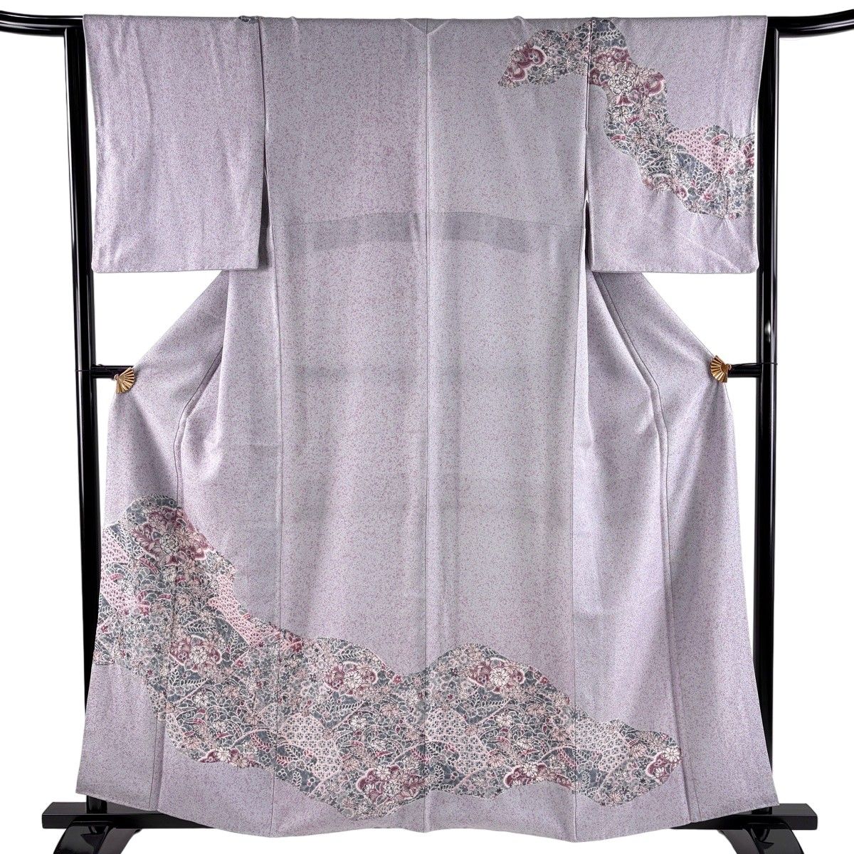 訪問着 身丈159.5cm 裄丈64.5cm M 袷 草花 楓 絞り 灰紫 正絹 秀品 【中古】