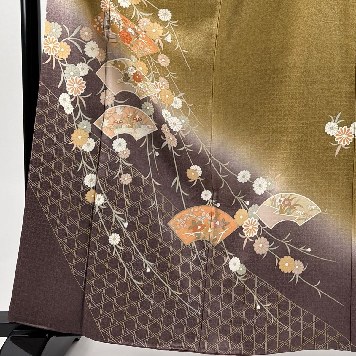 訪問着 身丈158cm 裄丈67cm M 袷 扇面 草花 金彩 染め分け 薄緑 正絹