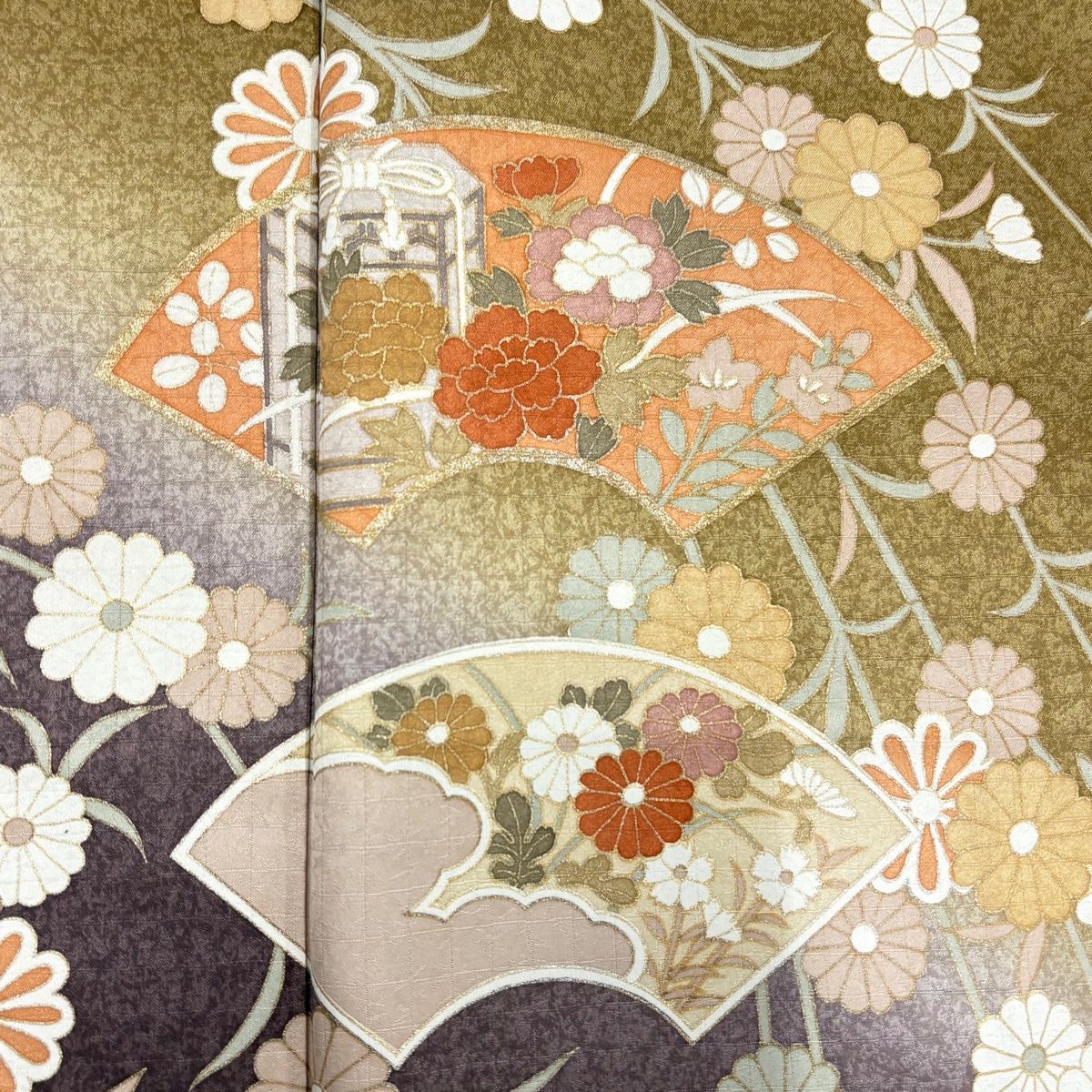 美品】 訪問着 身丈162.5cm 裄丈65.5cm M 袷 扇面 草花 金彩 染め分け