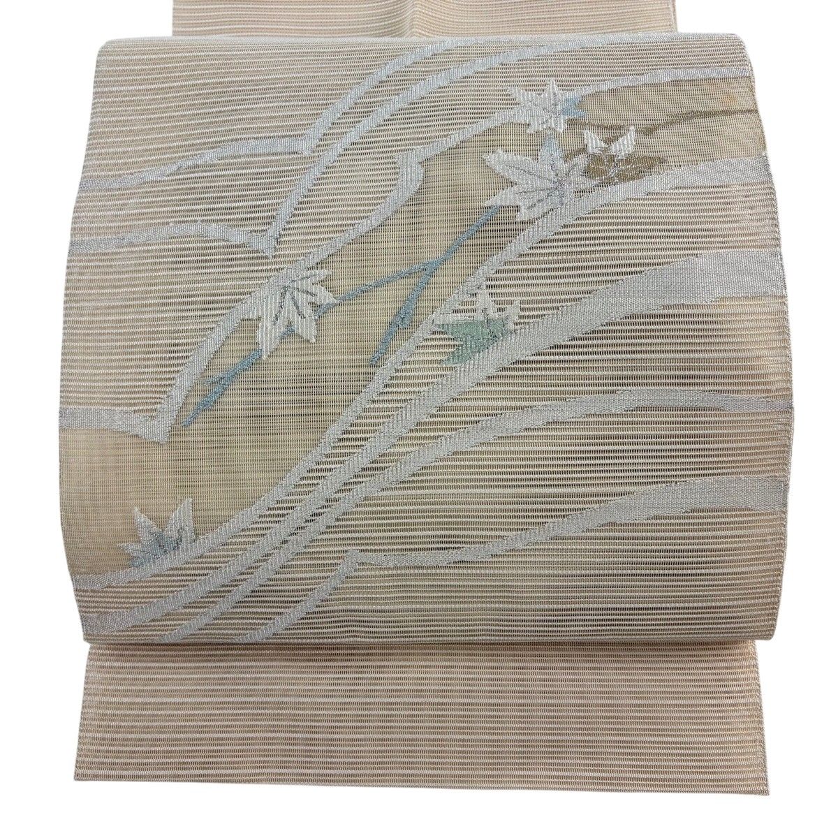 名古屋帯 秀品 夏帯 八寸名古屋帯 絽 松葉仕立て 楓 流水 金銀糸 ベージュ 正絹 【中古】