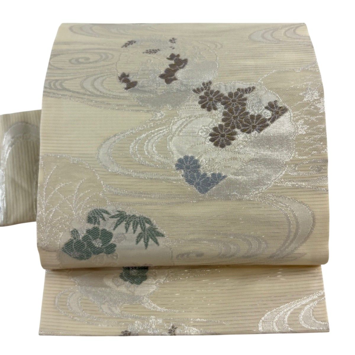 【美品】 名古屋帯 秀品 夏帯 雪輪 草花 金糸 箔 クリーム 正絹 【中古】