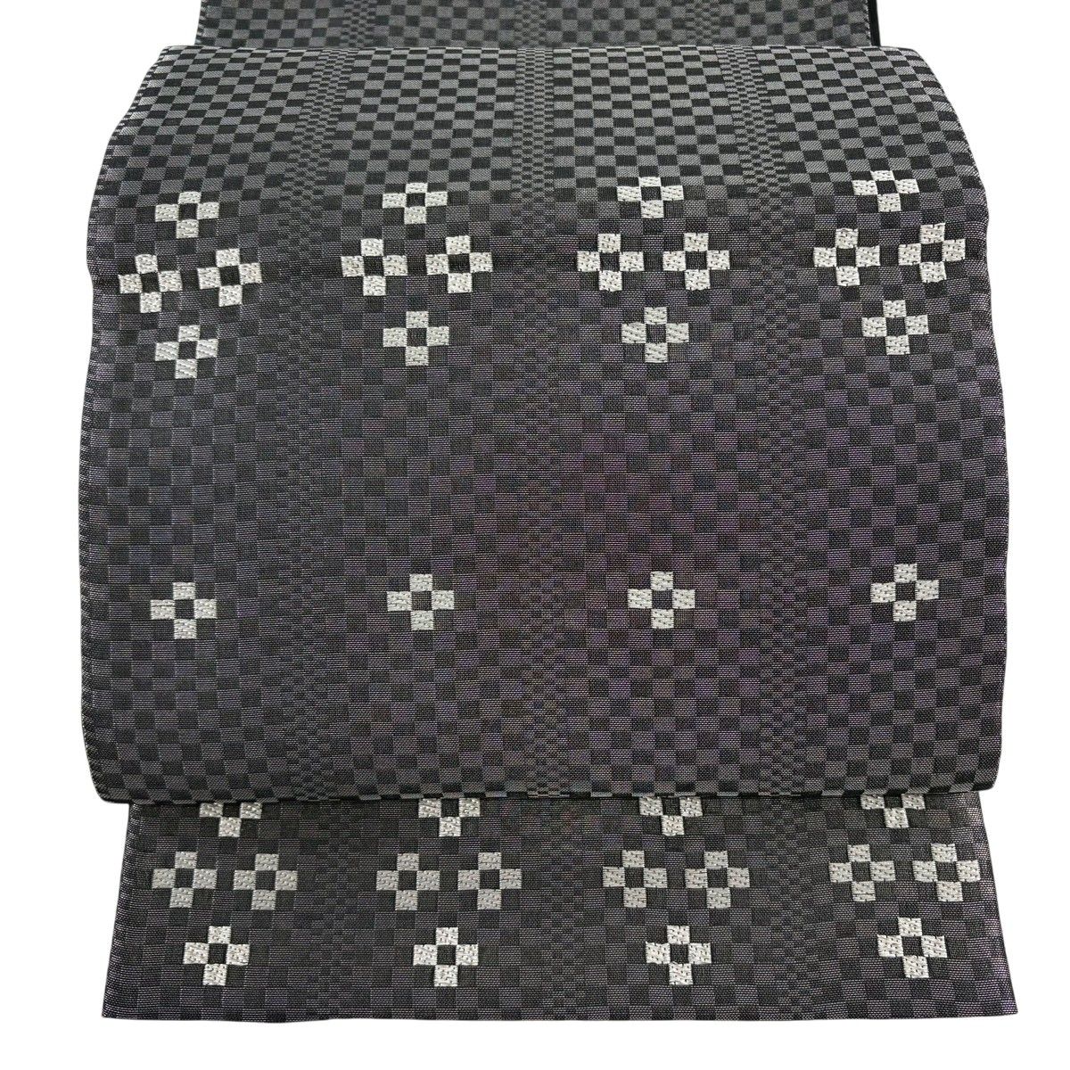袋帯 秀品 夏帯 市松 幾何学 銀糸 黒灰 六通 正絹 【中古】