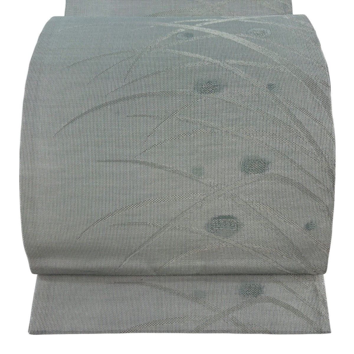 袋帯 秀品 夏帯 露芝 銀糸 薄緑 六通 正絹 【中古】