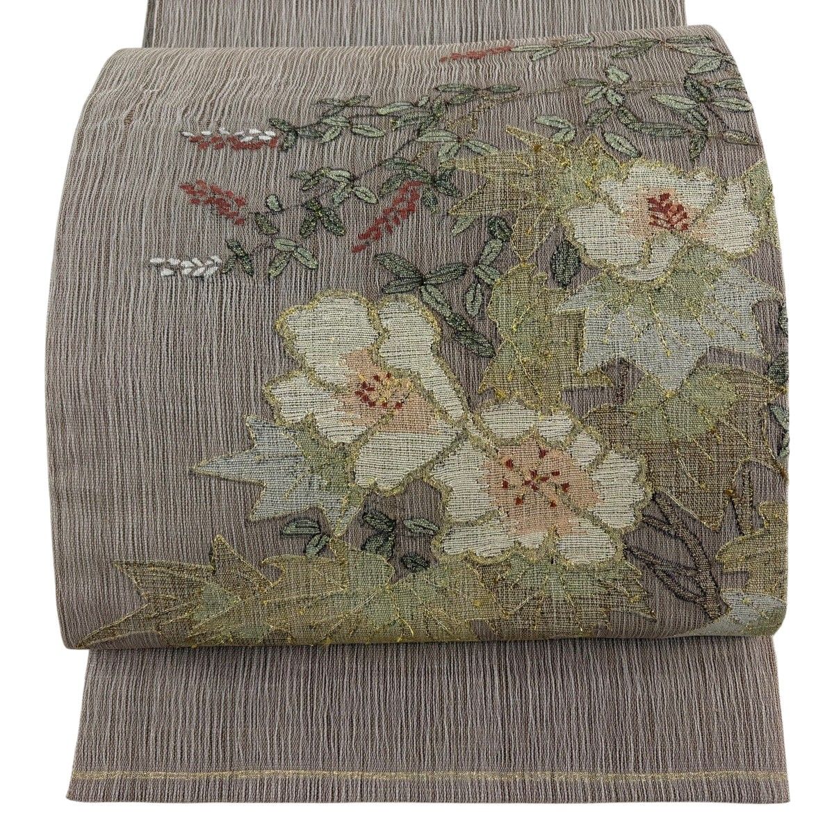 袋帯 秀品 夏帯 枝花 萩 金糸 灰茶 お太鼓柄 正絹 【中古】