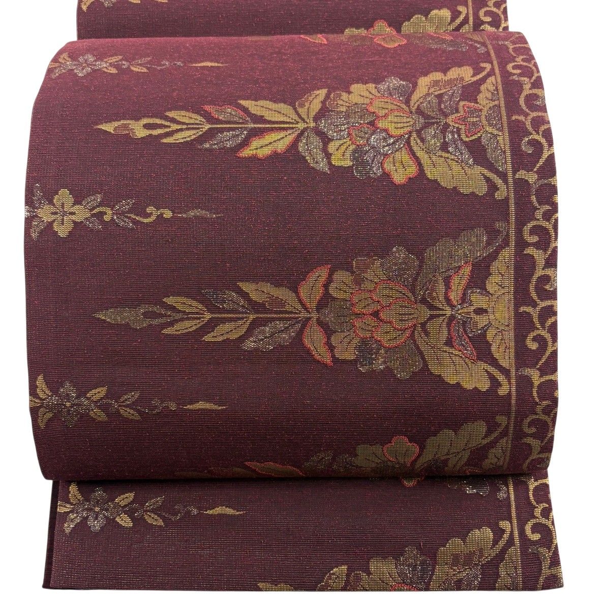 【美品】 袋帯 秀品 草花 箔 えんじ色 六通 正絹 【中古】
