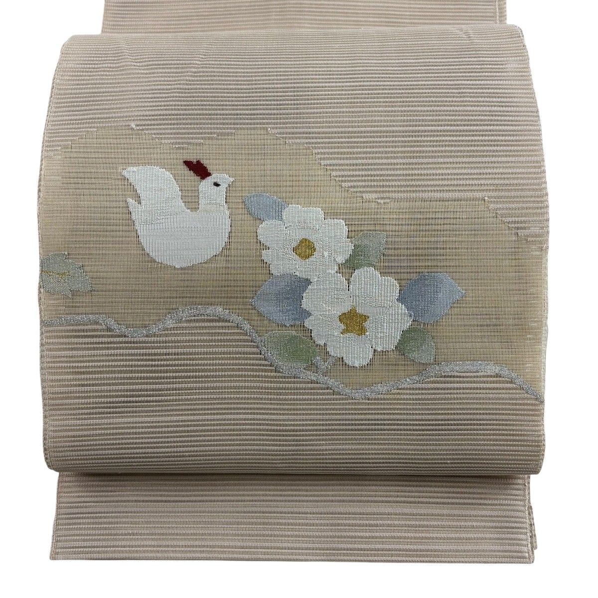 名古屋帯 秀品 夏帯 絽 草花 鳥 金銀糸 薄茶色 正絹 【中古】