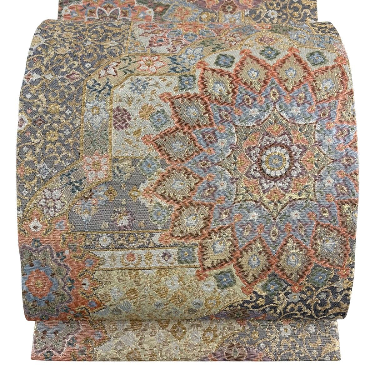 【美品】 袋帯 秀品 華文 花唐草 金糸 箔 灰色 六通 正絹 【中古】