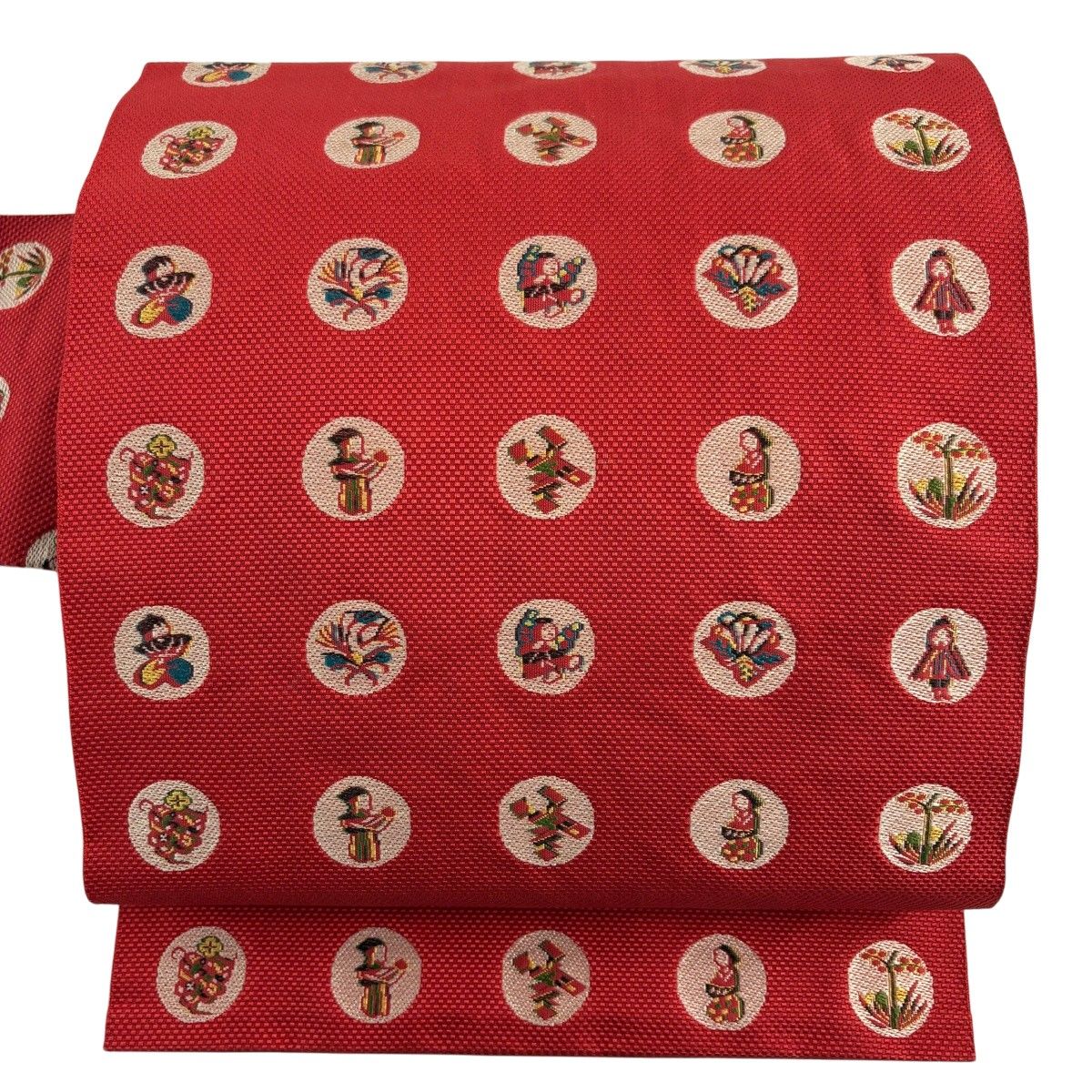 名古屋帯 秀品 丸文 置物 赤 正絹 【中古】