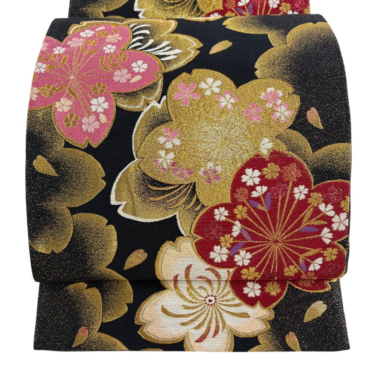 【美品】 袋帯 秀品 振袖向き 桜 桜の花びら 金糸 箔 黒 六通 正絹 【中古】