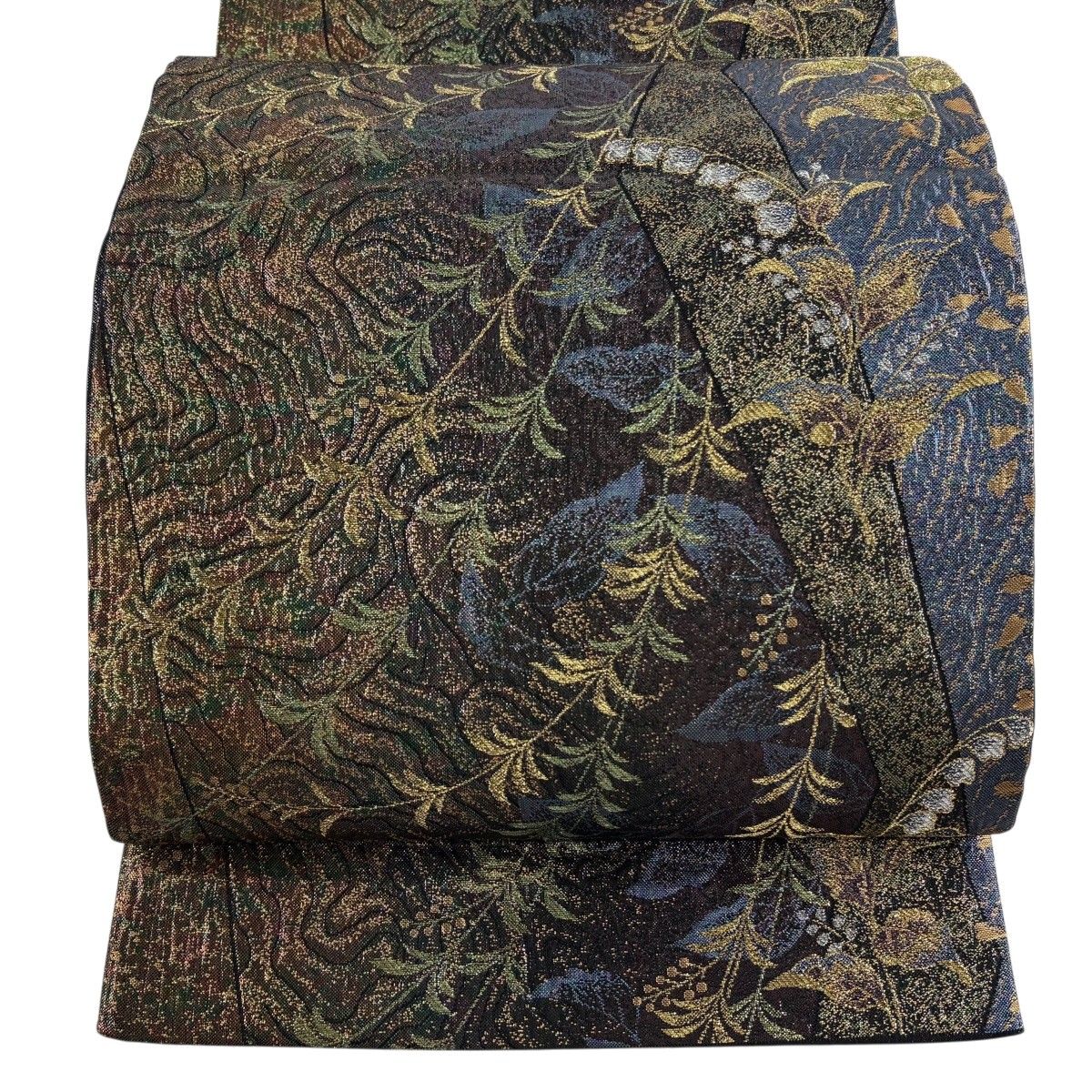 【美品】 袋帯 秀品 草花 幾何学 金銀糸 箔 濃紫 六通 正絹 【中古】