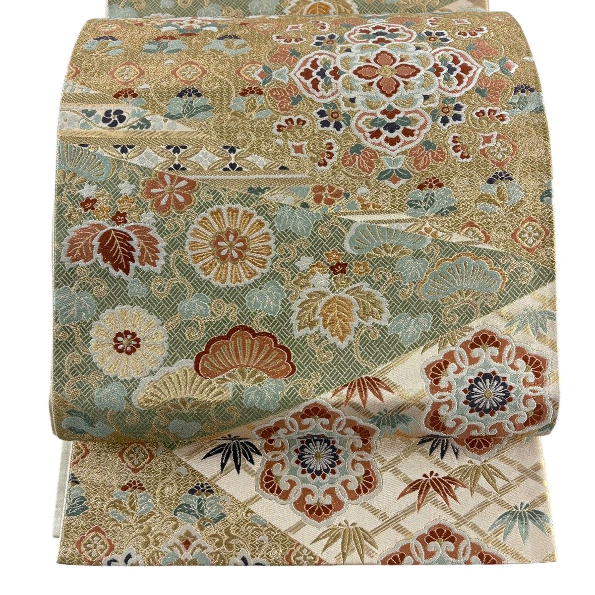 【美品】 袋帯 秀品 唐織錦 華文 向かい鳥 金糸 箔 ベージュ 六通 正絹 【中古】