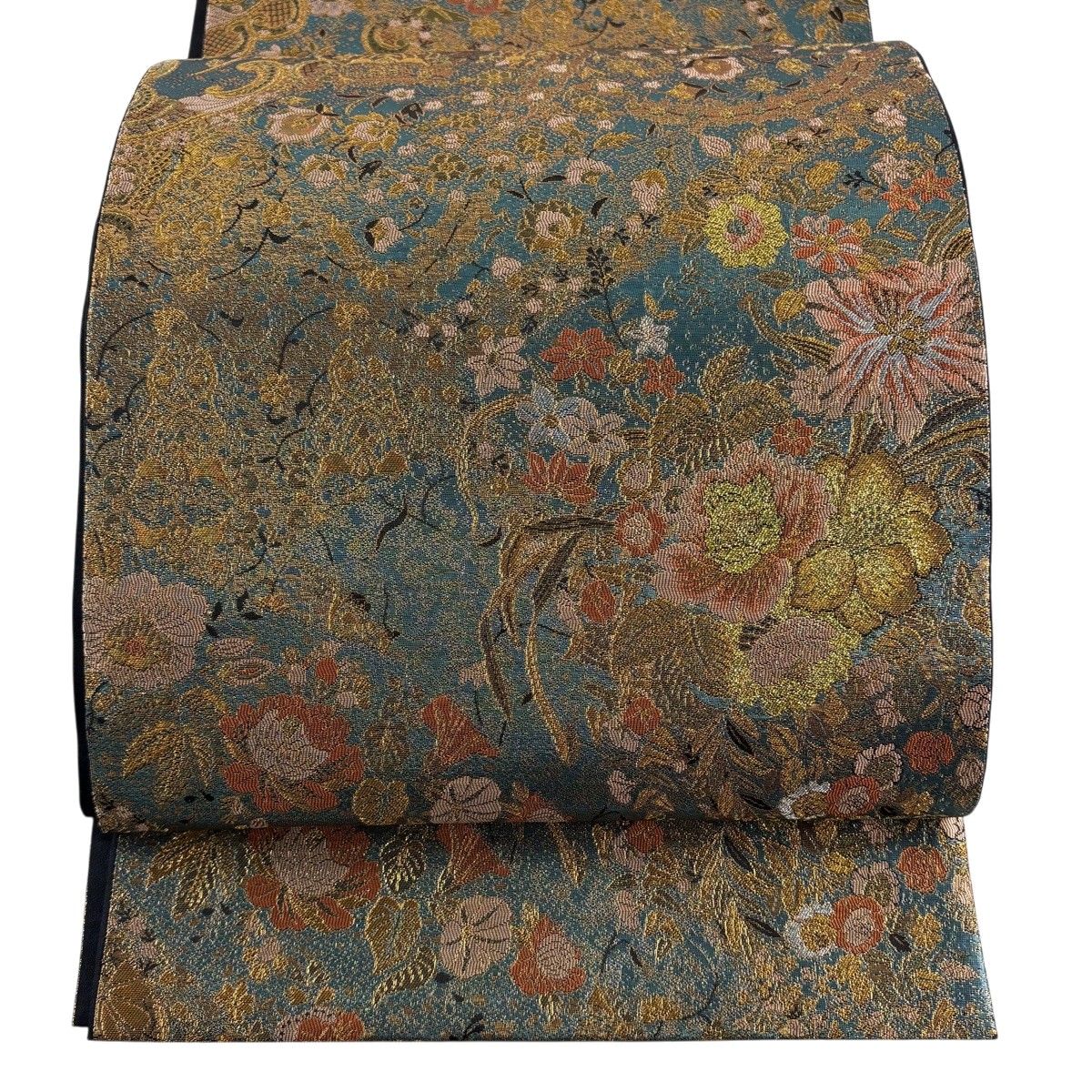 【美品】 袋帯 秀品 草花 金銀糸 箔 青緑 六通 正絹 【中古】