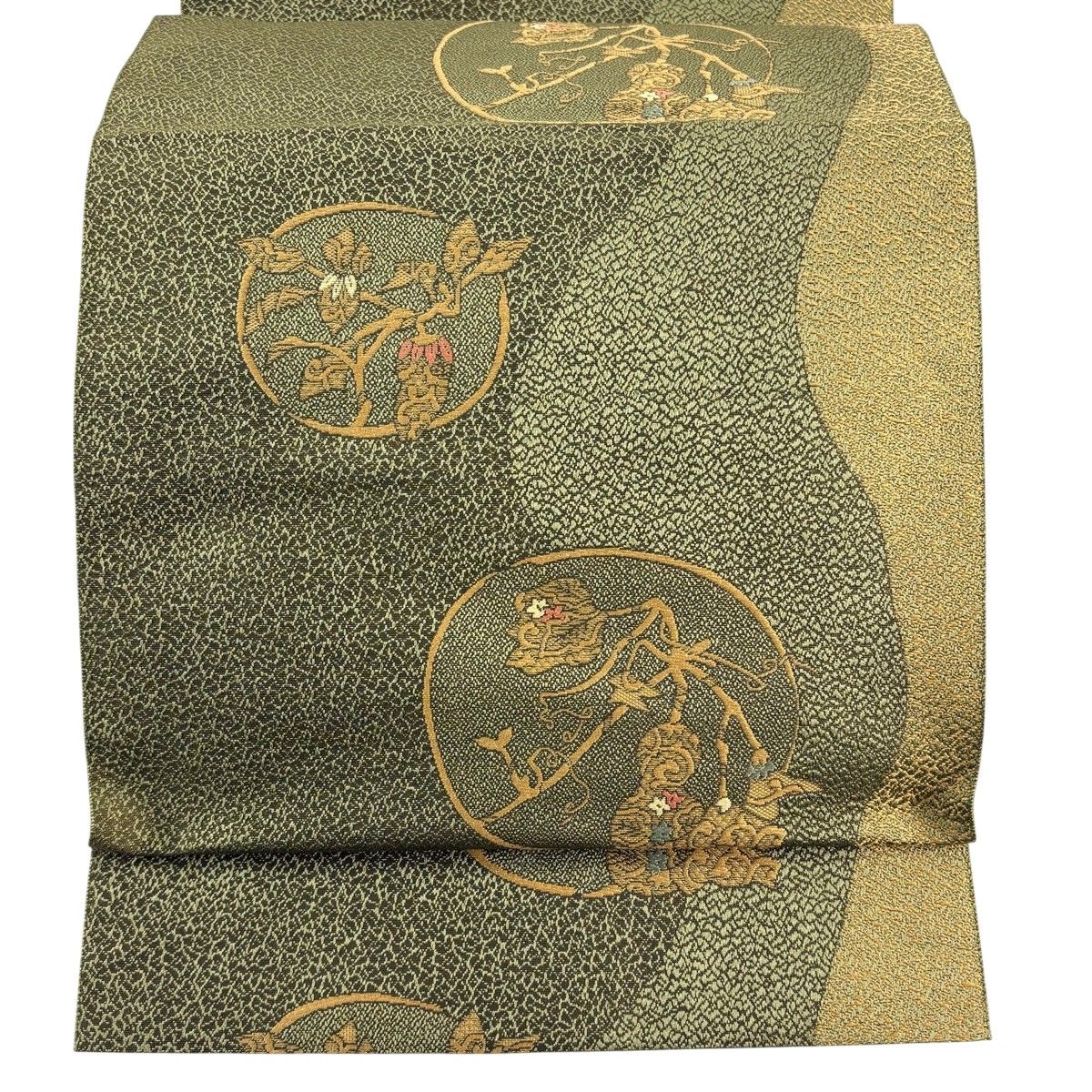 【美品】 名古屋帯 秀品 八寸名古屋帯 松葉仕立て 瓢箪 生り物 鶯色 正絹 【中古】