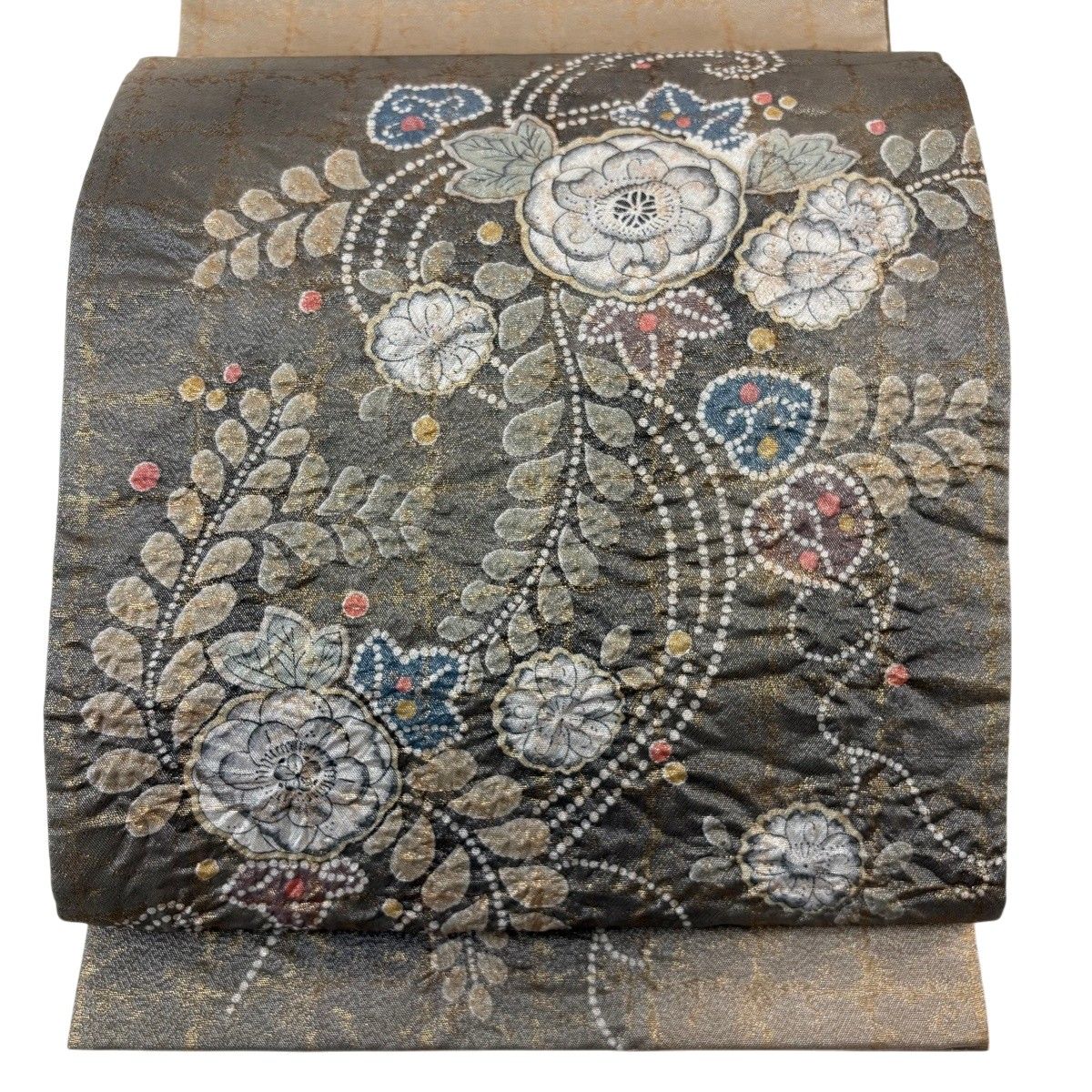 【美品】 袋帯 秀品 辻が花 金通し 箔 灰色 お太鼓柄 正絹 【中古】