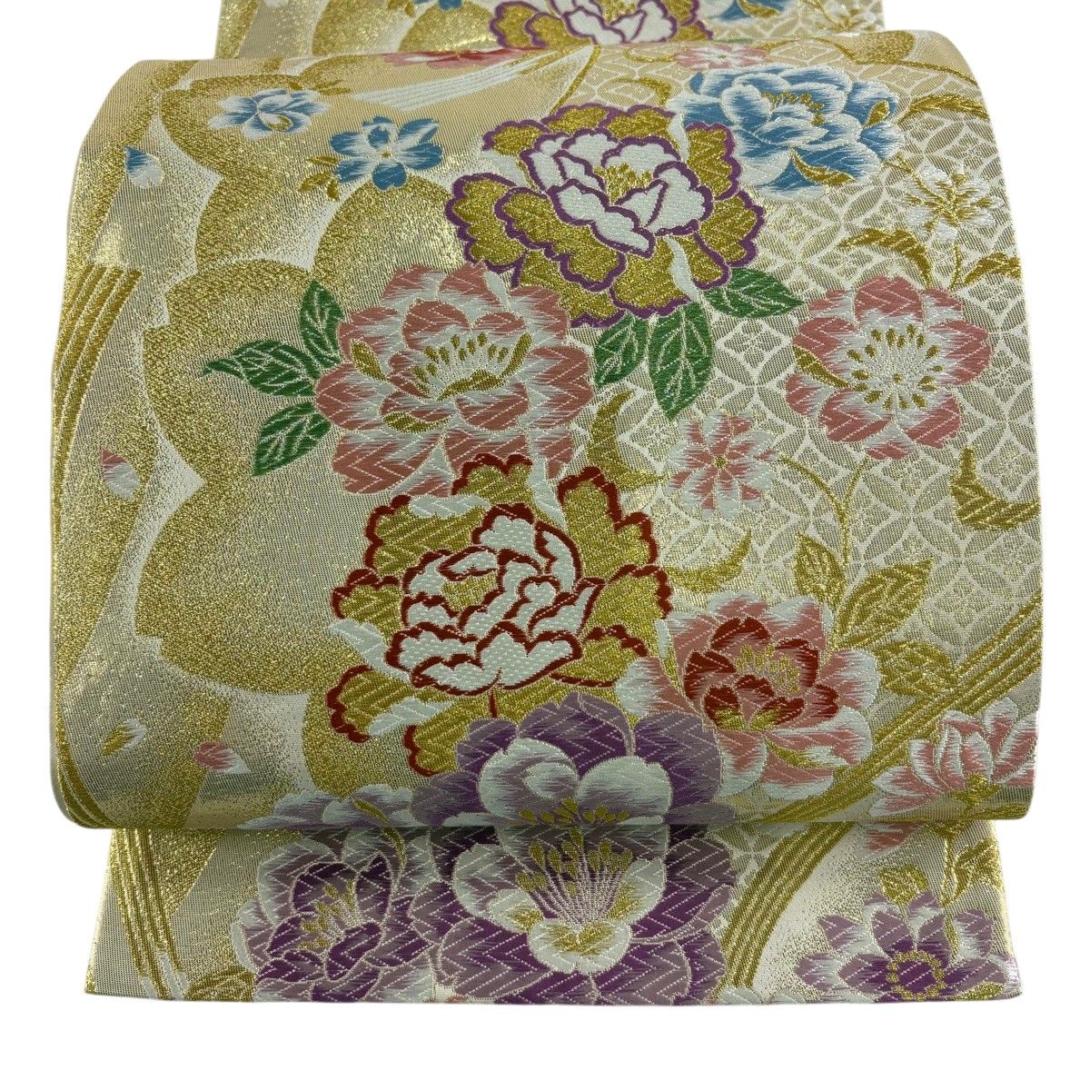 【美品】 袋帯 秀品 振袖向き 草花 七宝 金糸 唐織 金色 六通 正絹 【中古】