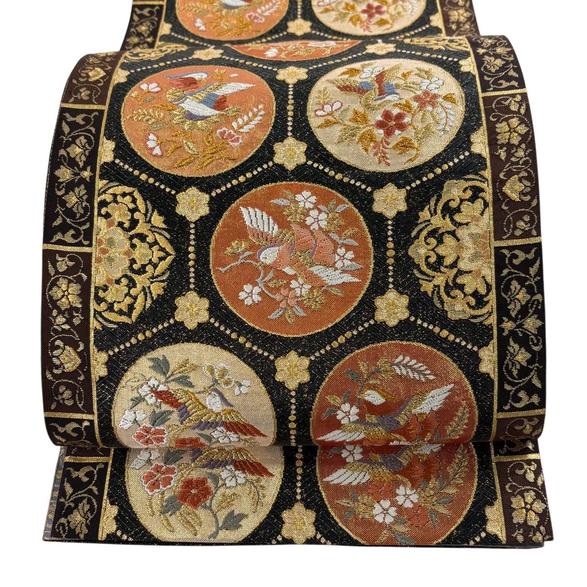 【美品】 袋帯 秀品 丸文 花鳥 金糸 箔 黒 六通 正絹 【中古】