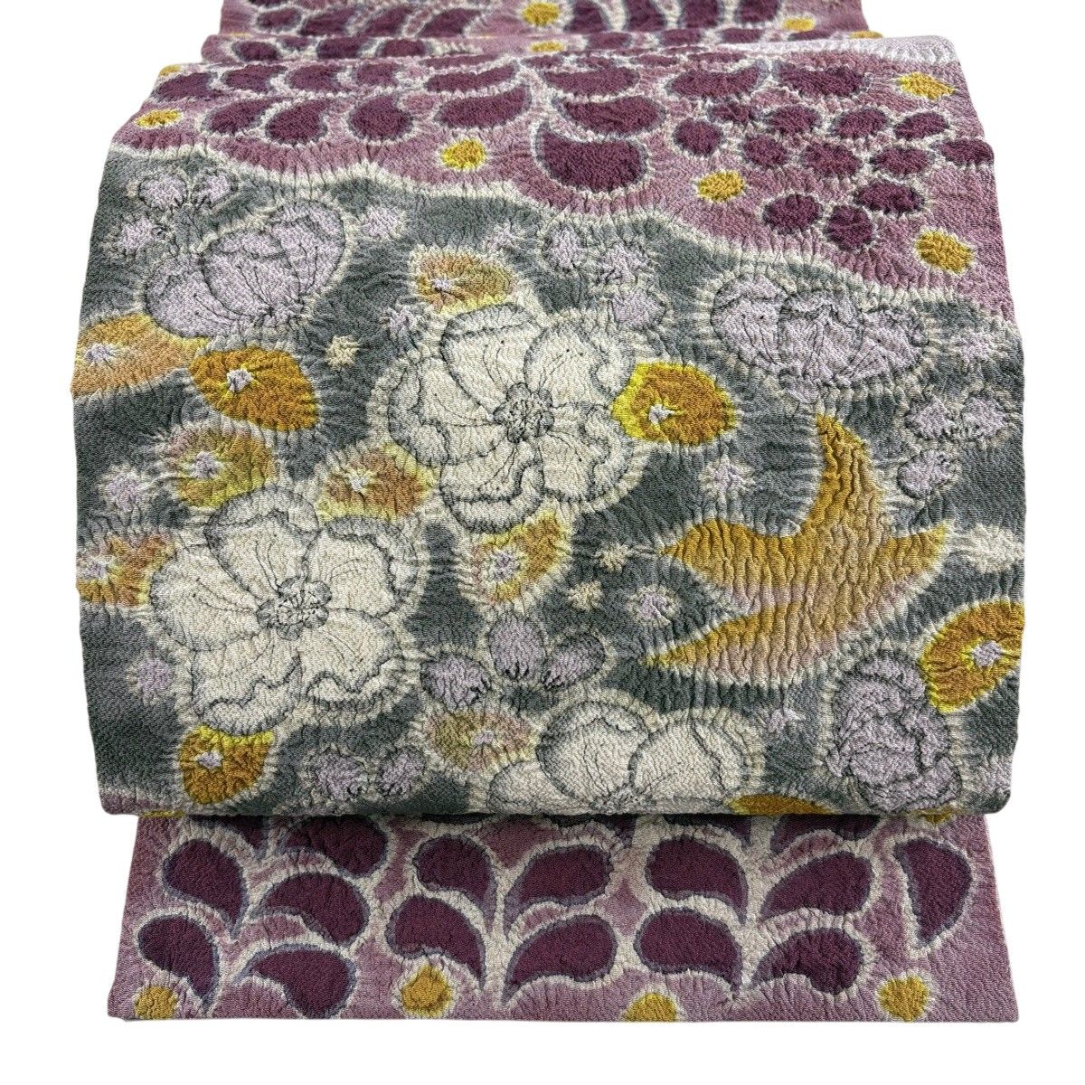 開き名古屋帯 秀品 落款 辻が花 縮緬 灰紫 正絹 【中古】