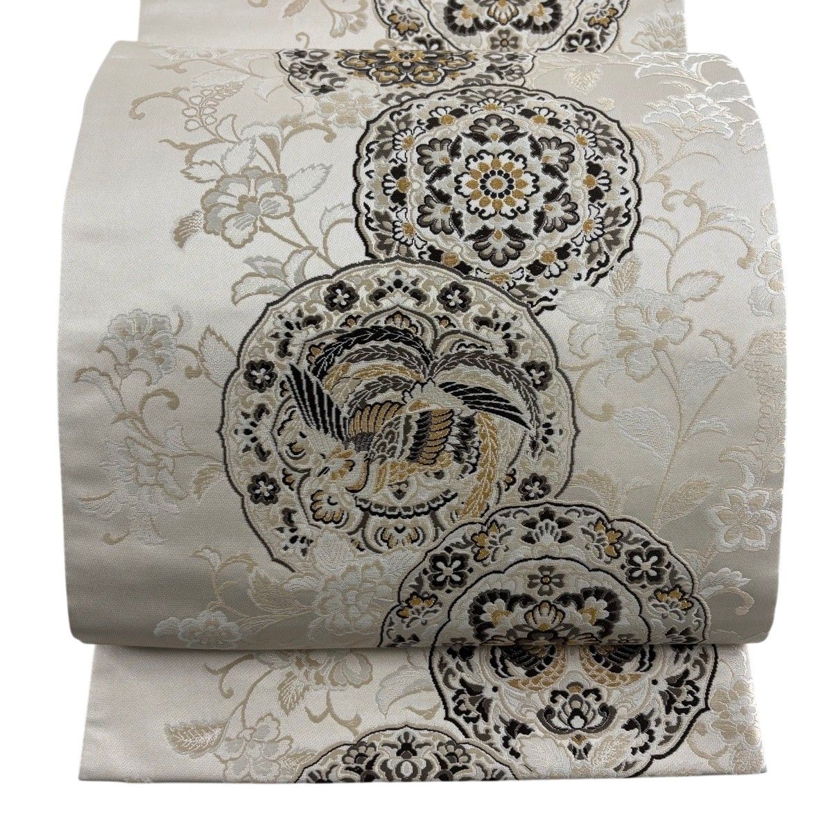 【美品】 袋帯 秀品 鈴乃屋 献上鏡裏華文 鳳凰 金糸 灰茶 六通 正絹 【中古】